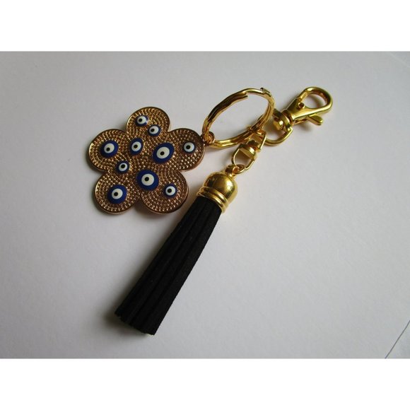 Gold tone blue evil eye flower charm key chain black leather tassel purse charm - Picture 9 of 10